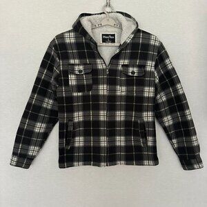LEE HAN TON MEN'S SHERPA-LINED FLANNEL HOODIE JACKET BLACK AND GRAY PLAID SIZE L